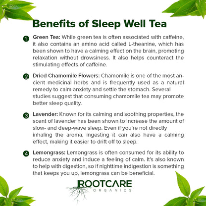 Tea | Sleep Well (With The Goodness Of Green Tea, Dried Chamomile Flowers, Lavender, Lemongrass &amp;amp; Other herbs) - No Added Sugar, Non Gmo &amp;amp; Preservatives Free - Root Care Organic - 100gm
