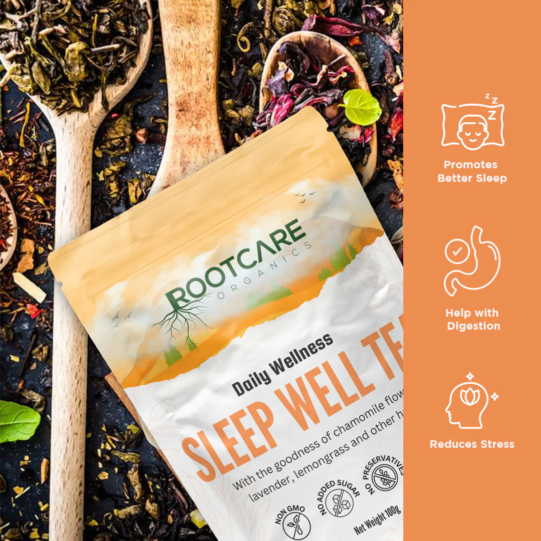 Tea | Sleep Well (With The Goodness Of Green Tea, Dried Chamomile Flowers, Lavender, Lemongrass &amp;amp; Other herbs) - No Added Sugar, Non Gmo &amp;amp; Preservatives Free - Root Care Organic - 100gm