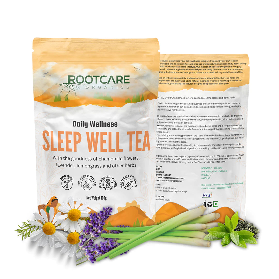 Tea | Sleep Well (With The Goodness Of Green Tea, Dried Chamomile Flowers, Lavender, Lemongrass &amp;amp; Other herbs) - No Added Sugar, Non Gmo &amp;amp; Preservatives Free - Root Care Organic - 100gm