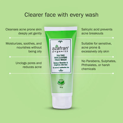 Face Wash | Tea Tree Skin Clearing Face Wash (Made With Certified Organic Ingredients) - Reduces Blemishes &amp; Brightens Skin Tone - For Normal And Combination Skin - Vegan, Cruelty Free, Paraben Free &amp; Sulphate Free - Azafran – 100gm