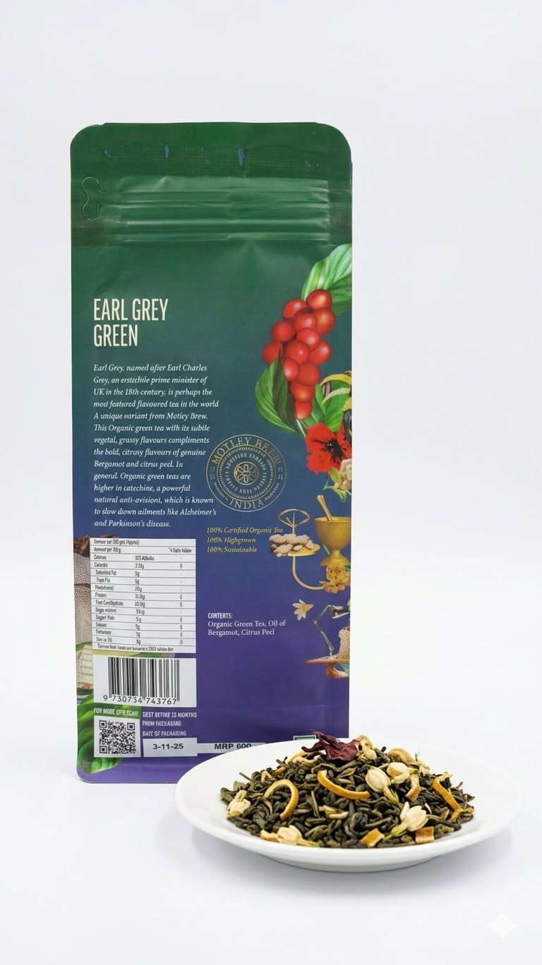 Tea | Earl Grey Green - Organic Green Tea - Citrusy and Vegetal -100% Certified Organic Tea, Highgrown - Motley Brew– 150gm