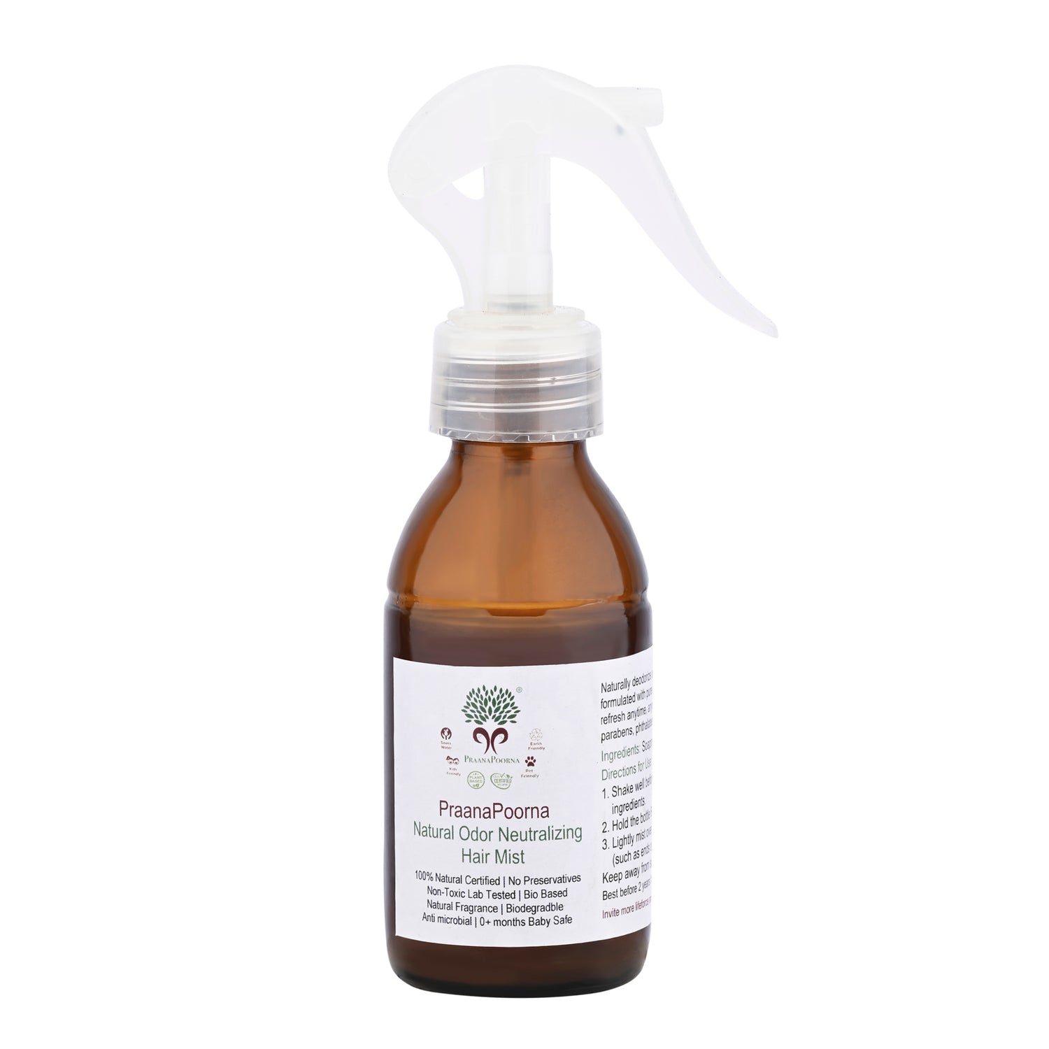 Natural Odor Neutralizing Hair Mist - Lavender - Free from Alcohol And Synthetic Fragrances - Praanapoorna - 100ml