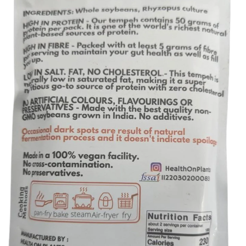 Tempeh | Made From 100% Organic Beans - 50gm Protein Per Pack - Fermented Superfood - Natural - Vegan &amp; Gut Friendly - Health On Plants - 175gm