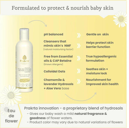 Wash |Tender Skin Baby Wash (Chamomile Hydrosol) -Head-to-toe Gentle &amp; Natural Bodywash for Babies -Age 0+, tear-free- No Added Preservatives -Prakrta- 200ml