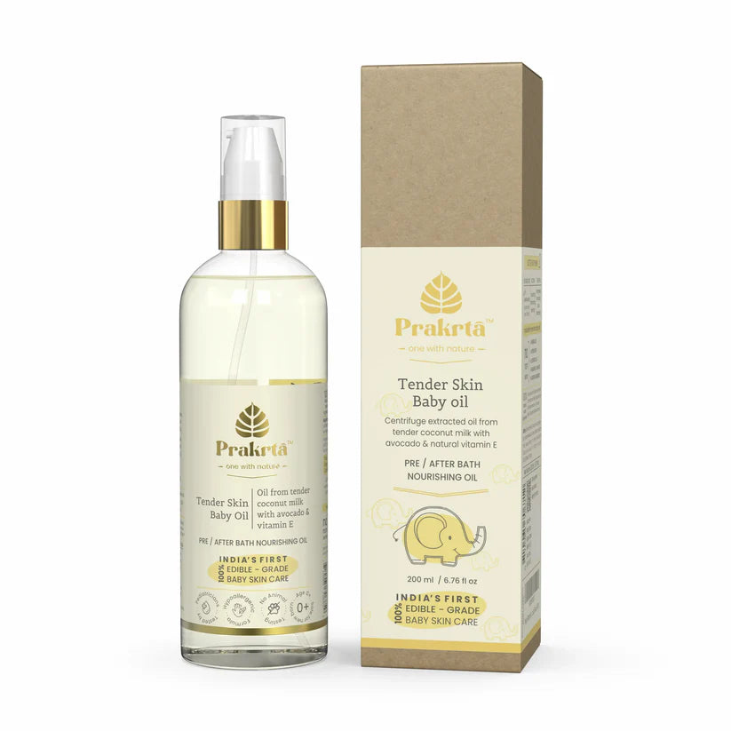 Oil |  Tender Skin Baby Oil -100% Natural -Virgin coconut oil with vitamin E and avocado extract  - No Added Preservatives -Prakrta- 200ml