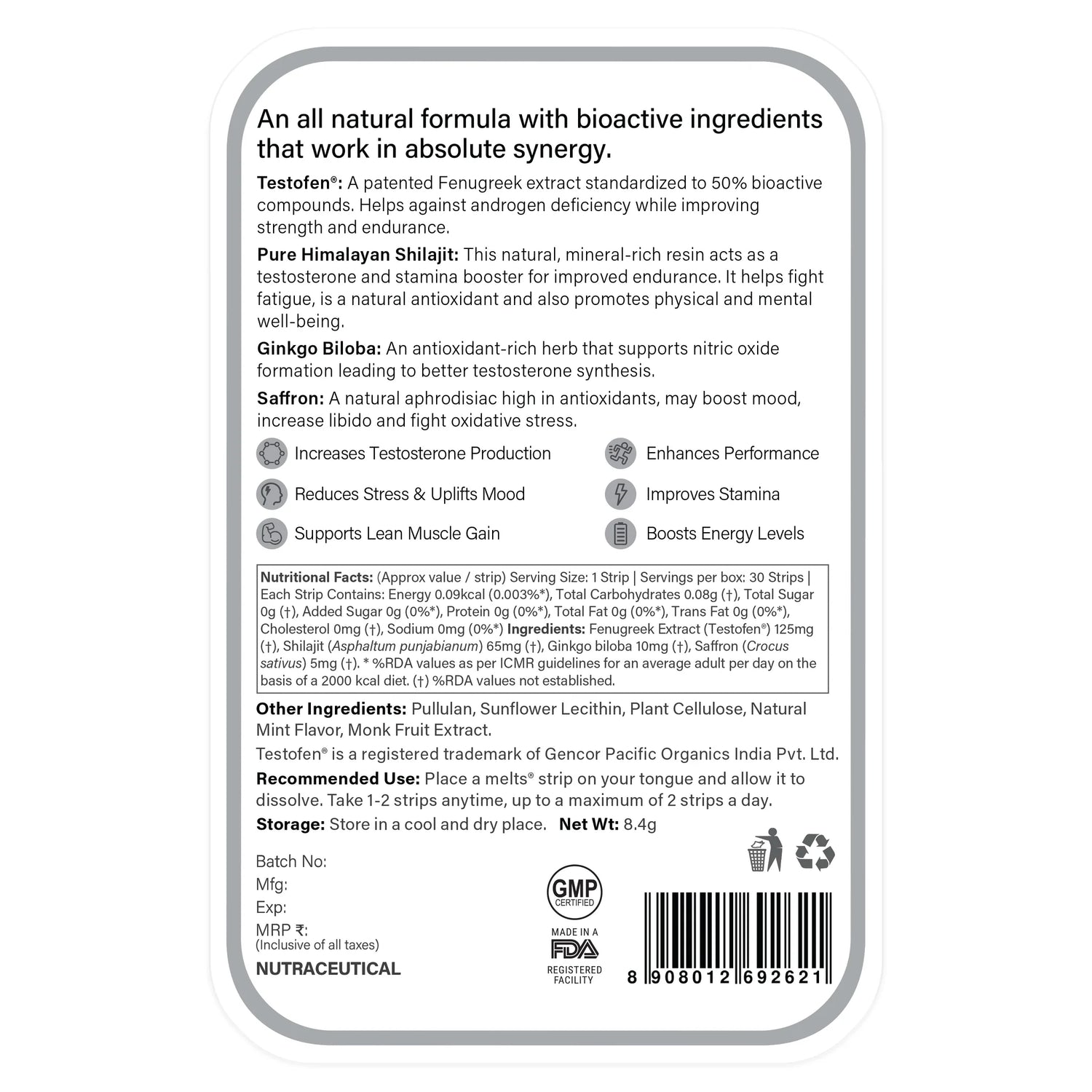 Testo Power - Melts - Cool Mint - (Testofen + Korean Ginseng) - Natural – Vegan, Gluten Free, &amp;amp; Zero Sugar – Wellbeing Nutrition – 30 Strips