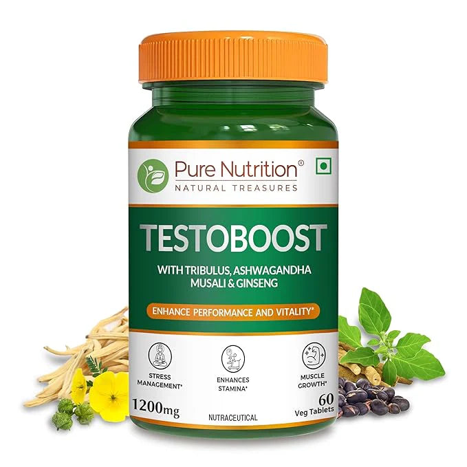 Testo Boost | Sexual Wellbeing 1200mg (With Tribulus, Ashwagandha Musali &amp; Ginseng) - Improve Energy Levels, Enhances Stamina , Support Sexual Health - Pure Nutrition - 120N Veg Capsules