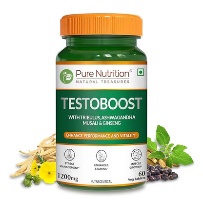 Testo Boost | Sexual Wellbeing 1200mg (With Tribulus, Ashwagandha Musali &amp; Ginseng) - Improve Energy Levels, Enhances Stamina , Support Sexual Health - Pure Nutrition - 120N Veg Capsules