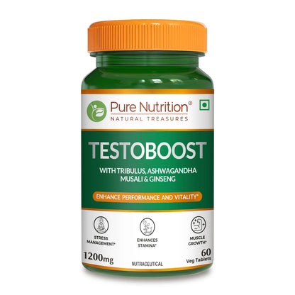 Testo Boost | Sexual Wellbeing 1200mg (With Tribulus, Ashwagandha Musali &amp; Ginseng) - Improve Energy Levels, Enhances Stamina , Support Sexual Health - Pure Nutrition - 120N Veg Capsules