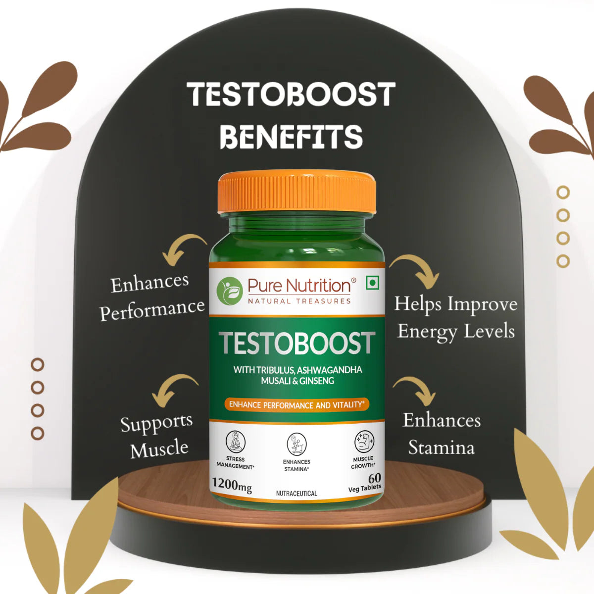 Testo Boost | Sexual Wellbeing 1200mg (With Tribulus, Ashwagandha Musali &amp; Ginseng) - Improve Energy Levels, Enhances Stamina , Support Sexual Health - Pure Nutrition - 120N Veg Capsules