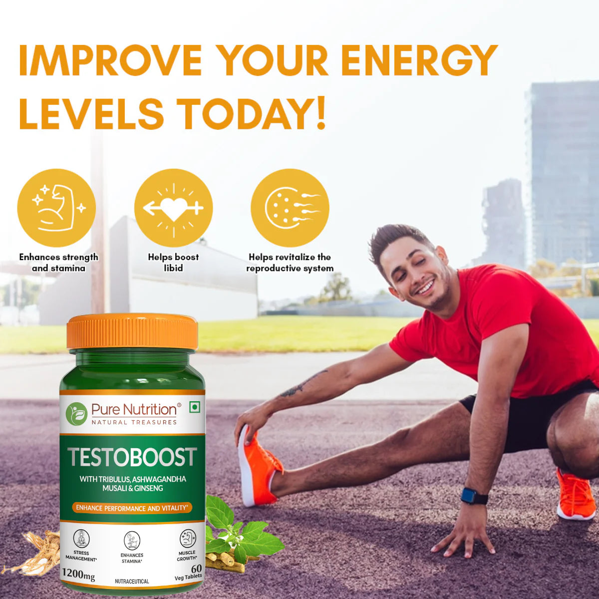 Testo Boost | Sexual Wellbeing 1200mg (With Tribulus, Ashwagandha Musali &amp; Ginseng) - Improve Energy Levels, Enhances Stamina , Support Sexual Health - Pure Nutrition - 120N Veg Capsules