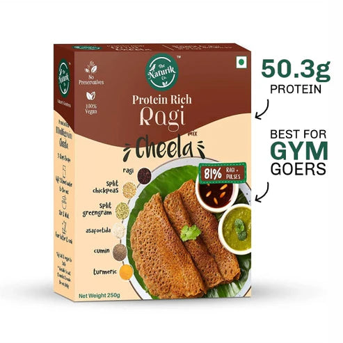 Cheela Mix | Ragi (Millets) Cheela Mix – 81% Ragi Pulses – 50.3g Protein -100% Pure – Gluten Free, No Maida, No Sugar, No Palm Oil & No Added Preservatives – The Naturik Co – 250gm