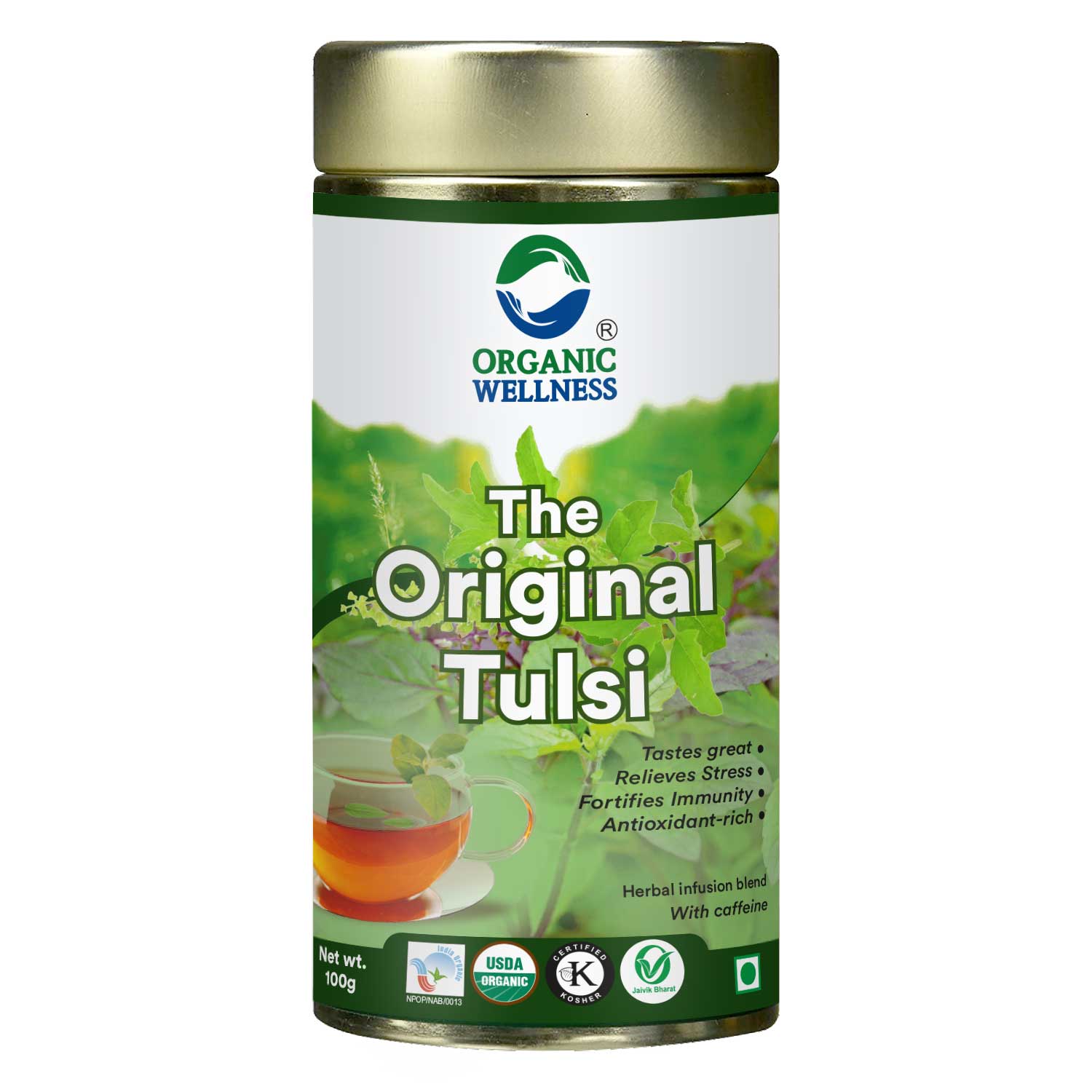 Tea | Organic Tulsi Tea - USDA Organic – Caffeine Free, Tin Pack - Organic Wellness –  100gm