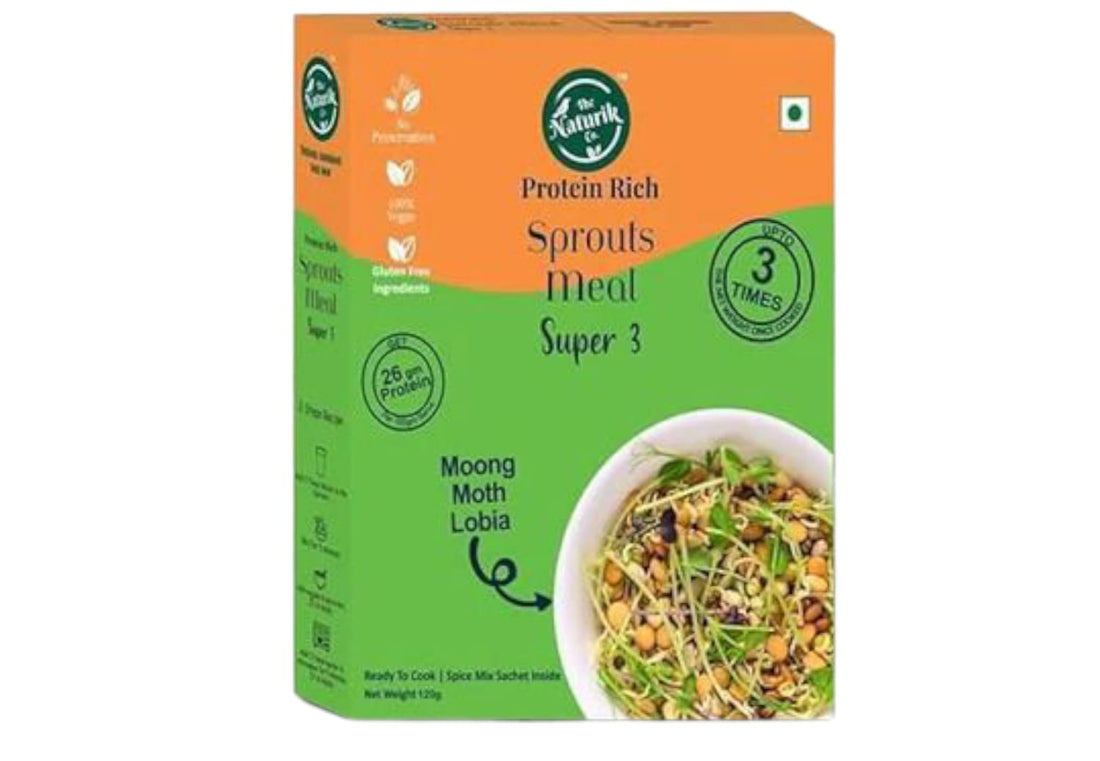 Sprouts Meal Super 3 (Moong, Moth, Lobia) - 26gm Protein - Vegan, No Sugar, No Maida, No Added Preservatives - The Naturik Co - 120gm