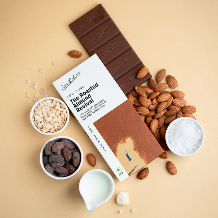 Milk Chocolate | The Roasted Almond Revival - 55% Dark Milk Roasted Almonds Chocolate - Tree To Bar - Single Origin – 100% Natural – Vegan, Gluten Free, Palm Oil Free, Non GMO, No Artificial Flavour & No Added Preservatives – Bon-Fiction – 55gm