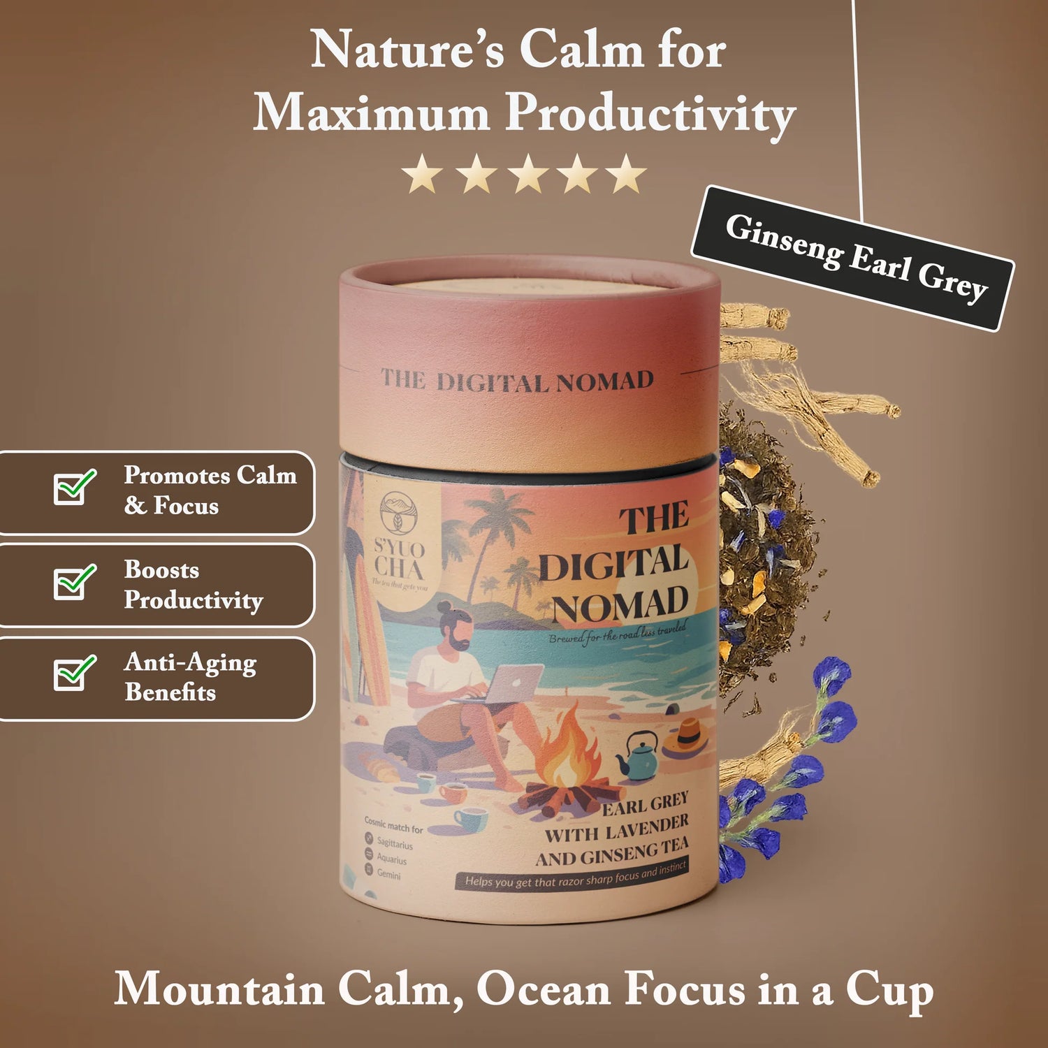 Tea |The Digital Nomad (Earl Grey Tea with Lavender and Ginseng for Sharper Focus) -No Side Effects-No Artificial Coloring- No Added Preservatives - Syuo Cha - 50gm
