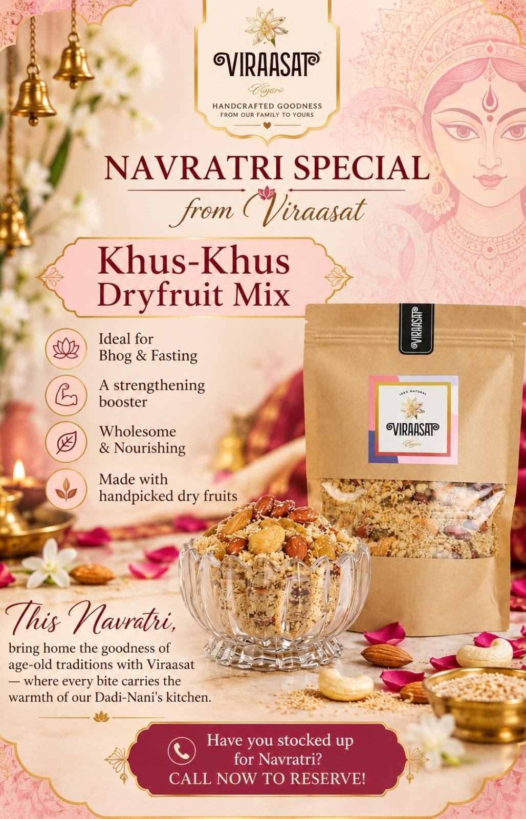 Dryfruit Mix | Panjiri Khus Khus - Made with Handpicked Dry Fruits - Navratri Special - No Atta, No Maida, No Suji - Preservatives Free – Viraasat - 250gm