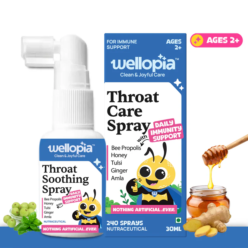 Throat Care Spray (Ages 2+)- Daily Immunity Support With (Bee Propolis, Honey, Tulsi, Ginger, Amla) - No Artificial Preservatives-No Refined Sugar - Natural Flavoured - Wellopia - 30ml