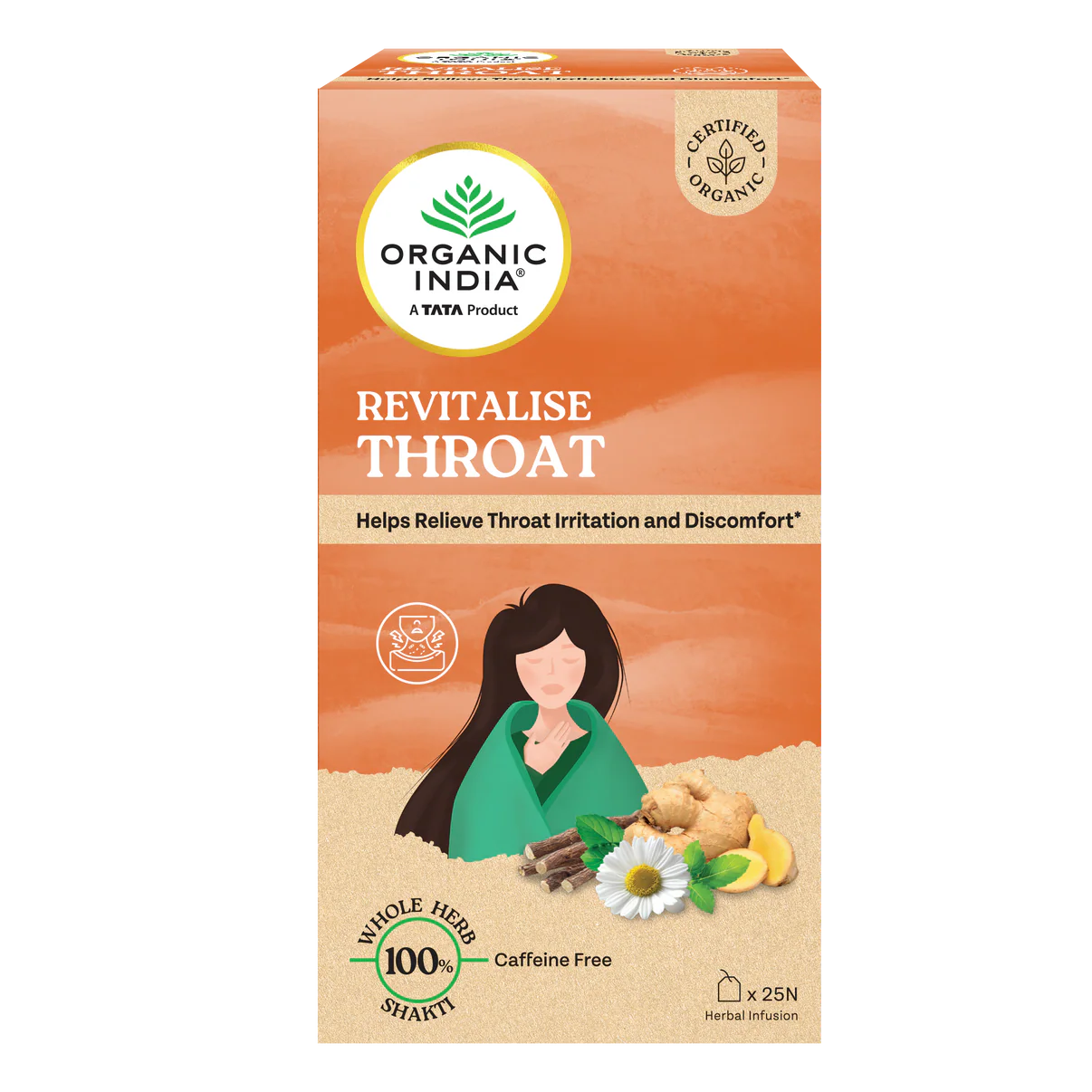 Tea| Revitalise Throat (Whole Herbs) - Relieve Throat Irritation &amp; Discomfort- 100% Plant Based  – Certified Organic - Caffeine free- Organic India-25 Tea Bag
