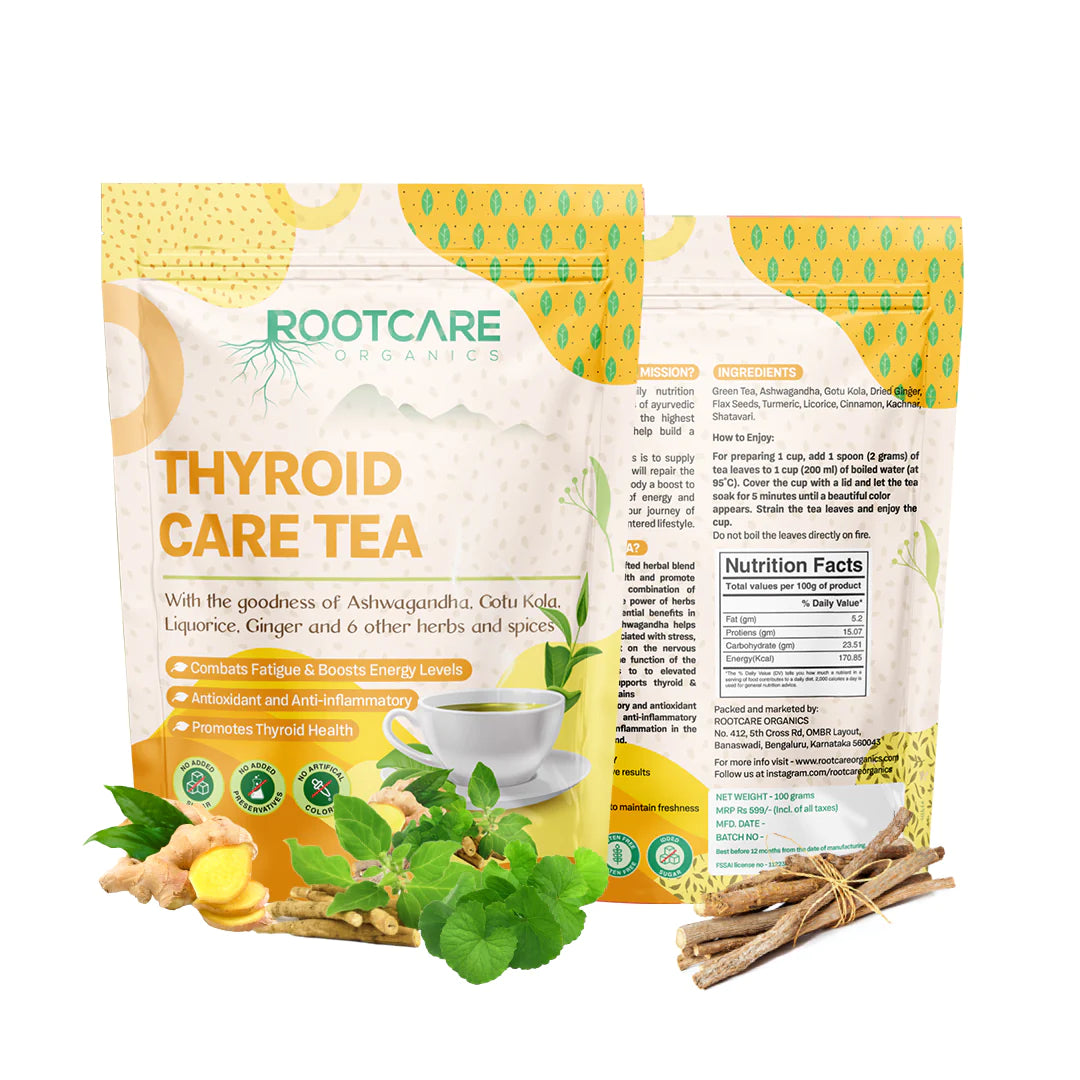 Tea | Thyroid Care Tea (With The Goodness Of Ashwagandha, Gotu Kola, Liquorice, Ginger And 6 Other Herbs And Spices) - Organic - No Added Sugar ,Preservatives, Non Gmo &amp;amp; No Artificial Colors – Root Care Organics – 100gm