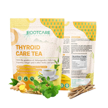 Tea | Thyroid Care Tea (With The Goodness Of Ashwagandha, Gotu Kola, Liquorice, Ginger And 6 Other Herbs And Spices) - Organic - No Added Sugar ,Preservatives, Non Gmo &amp;amp; No Artificial Colors – Root Care Organics – 100gm