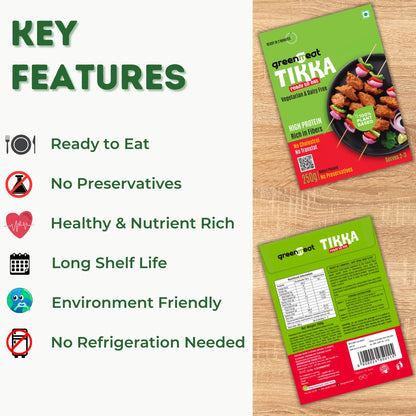 Tikka -100% Pant Based - Easy To Cook, Ready To Eat - Heigh Protein, Rich Fibers – Vegetarian &amp; Dairy Free – No Added Preservatives, No Cholestrol, No Trans Fat –Greenmeat – (2-3 Serving) – 250gm
