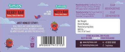 Berry Bar | (Dates, Oats &amp;amp; Berries) - Natural - No Added Sugar - Timios - Pack Of 20
