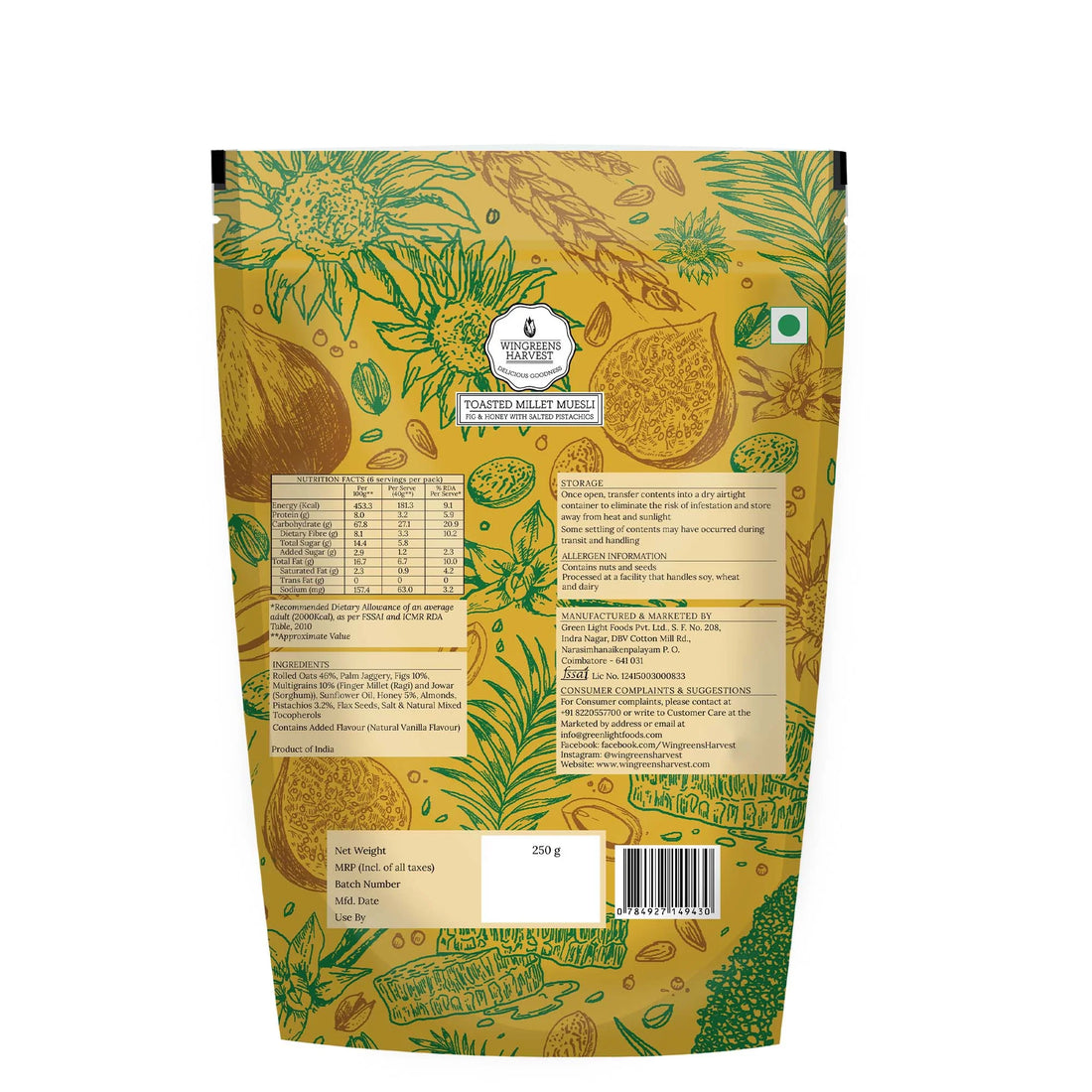 Toasted Millet Muesli - Fig &amp; Honey With Salted Pistachios - Wingreens Harvest - 250gm