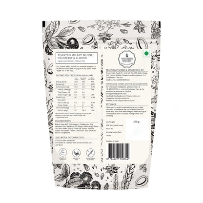 Toasted Millet Muesli – Cranberry &amp; Almond – Gluten Free &amp; No White Sugar - Wingreens Harvest – 250gm