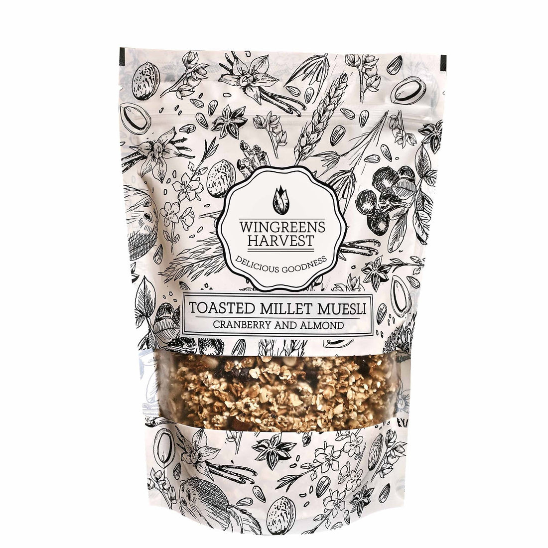 Toasted Millet Muesli – Cranberry &amp; Almond – Gluten Free &amp; No White Sugar - Wingreens Harvest – 250gm