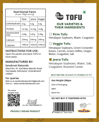 Tofu | Jeera - Cholesterol Free, High In Protein, Low Fat &amp;amp; Preservatives Free - Fit Bean - 200gm
