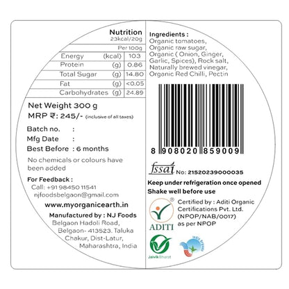 Tomato Ketchup | Organic - Chemical Free, No Artificial Colours &amp; Preservatives - My Organic Earth - 300gm