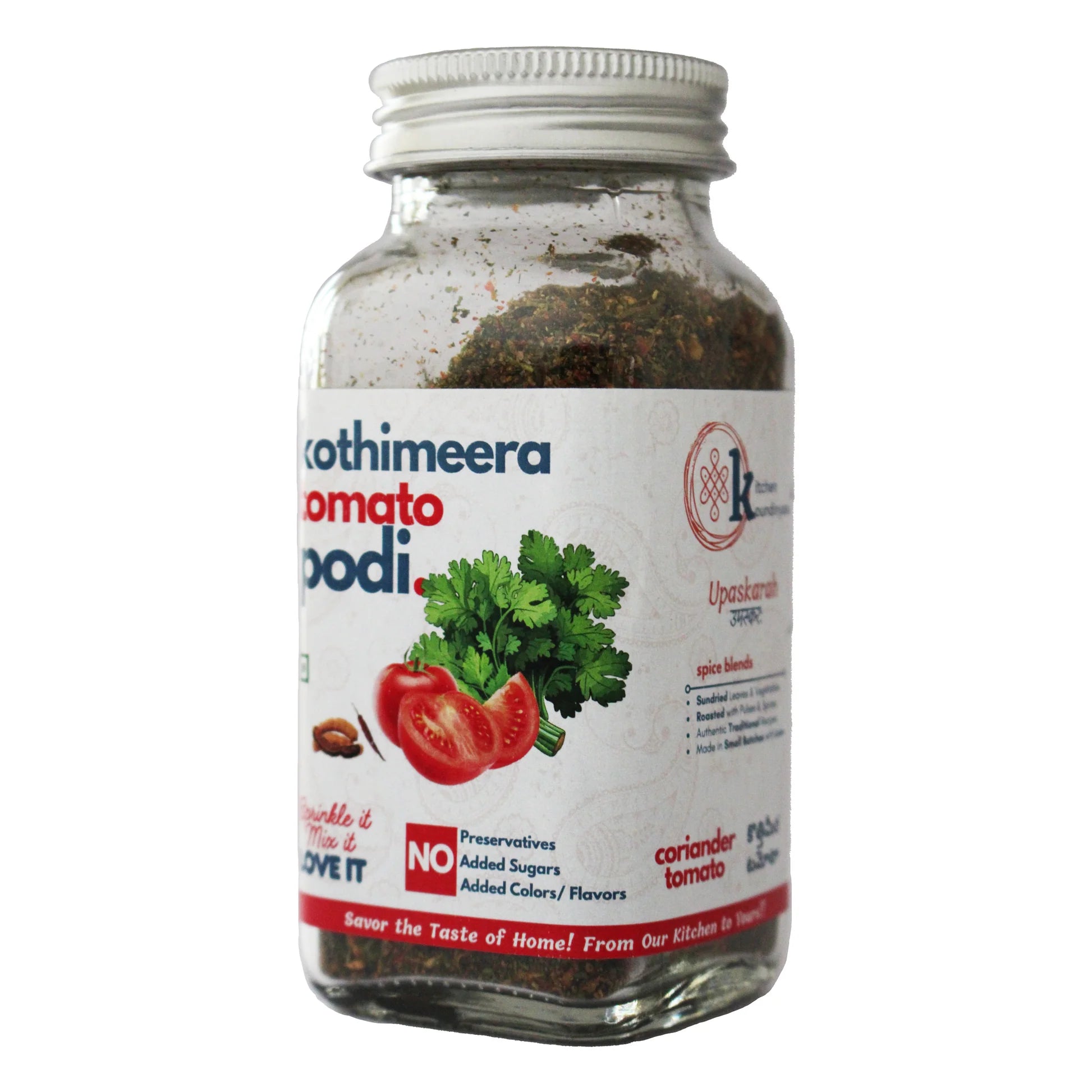Seasoning | Kothimeera Tomato Podi- High Fibre , Protein - Spice Blends  - No Added  Flavours, Sugar, Colour  &amp; Preservatives Free  - Kitchen Koundinyasa - 75 gm
