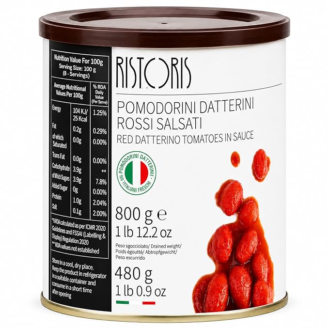 Tomatoes Sauce | Red Whole Italian Datterino Tomatoes in Tomato Sauce- Vegan, Gluten Free - Naturally Sweet Gourmet Cherry Tomatoes in Rich Tomato Juice -  No Flavor &amp; No Added Preservatives - Ristoris- 800gm