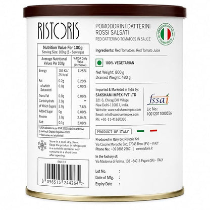 Tomatoes Sauce | Red Whole Italian Datterino Tomatoes in Tomato Sauce- Vegan, Gluten Free - Naturally Sweet Gourmet Cherry Tomatoes in Rich Tomato Juice -  No Flavor &amp; No Added Preservatives - Ristoris- 800gm