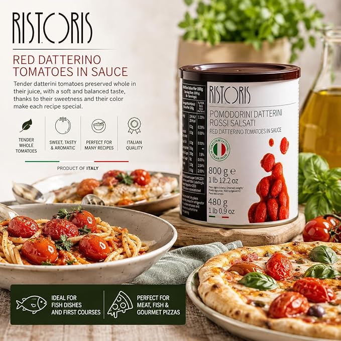 Tomatoes Sauce | Red Whole Italian Datterino Tomatoes in Tomato Sauce- Vegan, Gluten Free - Naturally Sweet Gourmet Cherry Tomatoes in Rich Tomato Juice -  No Flavor &amp; No Added Preservatives - Ristoris- 800gm