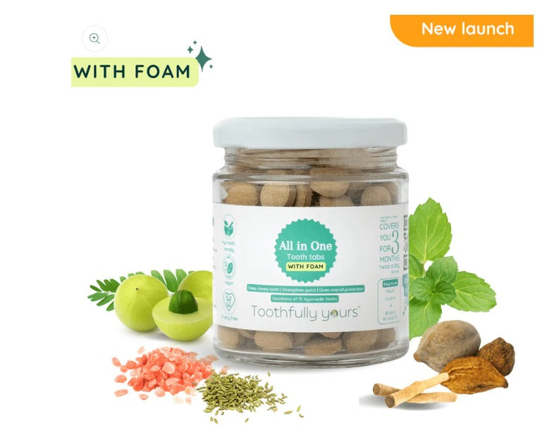 Toothpaste Tabs | All in One Toothpaste Tabs - With Foam (Goodness Of 15 Ayurvedic Herbs) - Deep Cleans Teeth - Strengthen Gums - Gives Overall Protection Vegan, Cruelty Free, Ayurvedic Friendly, SLS free & Fluoride free - Toothfully Yours - 180 tabs