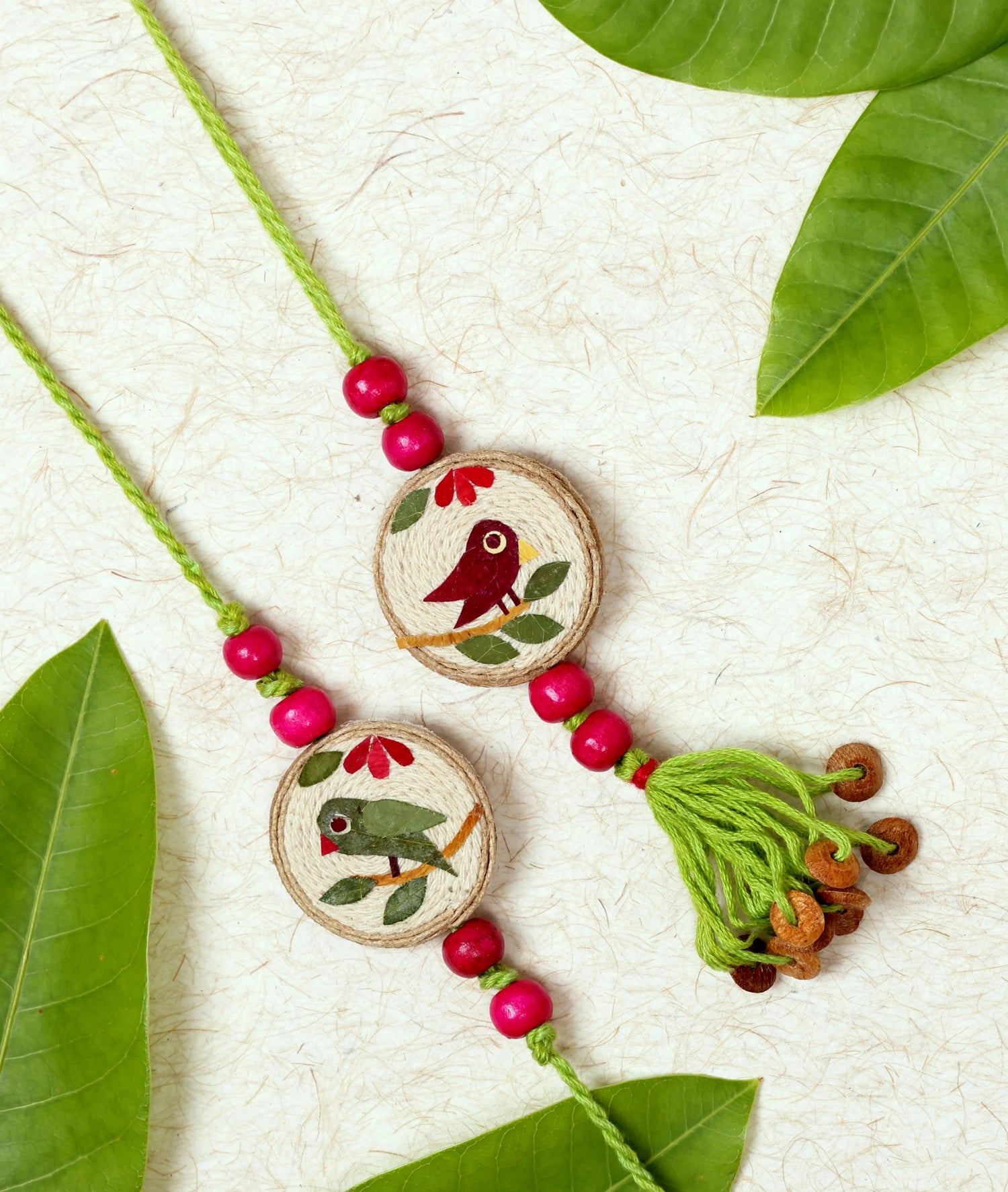 Rakhi | Tota Maina Rakhi Lumba (Made From Cotton, Jute, Wooden beads &amp;amp; With Pressed Flower Petals) – Handcrafted – Eco Friendly – Nature’s Soul
