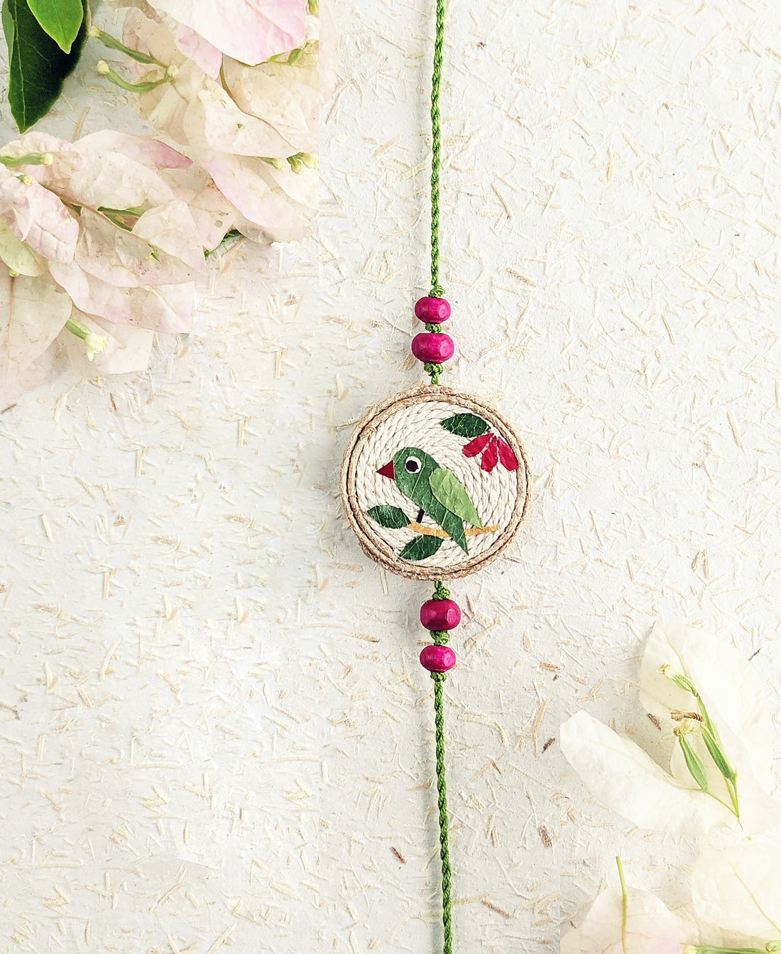 Rakhi | Tota Rakhi (Made From Cotton, Jute, Wooden beads &amp; With Pressed Flower Petals) – Handcrafted – Eco Friendly – Nature’s Soul - Single Piece