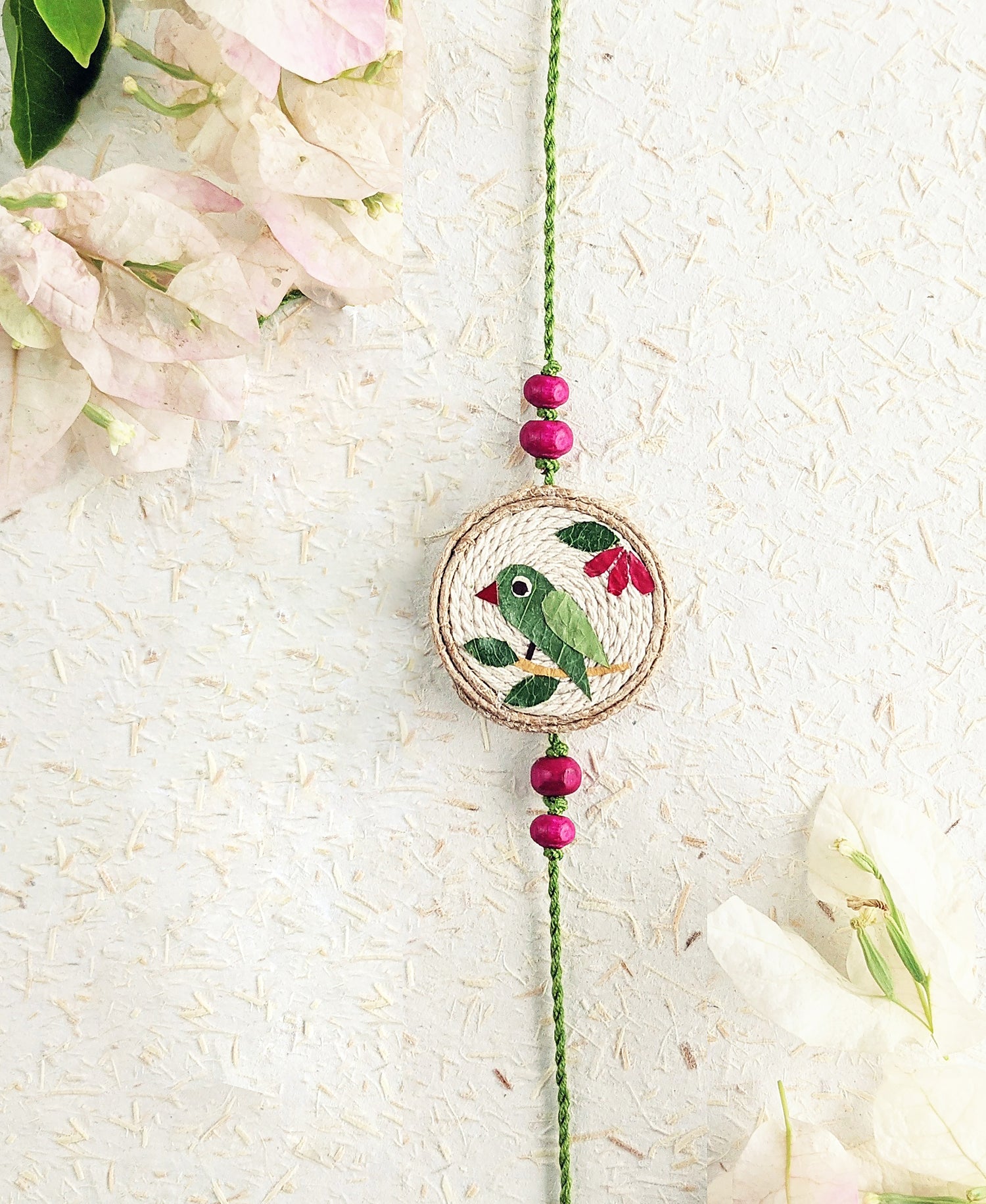 Rakhi | Tota Rakhi (Made From Cotton, Jute, Wooden beads &amp; With Pressed Flower Petals) – Handcrafted – Eco Friendly – Nature’s Soul - Single Piece