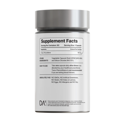 Trans Pterostilbene | Sirtuin Activator - Potent Antioxidant, Supports Healthy Ageing &amp; Immunity - Vegan &amp; GMO Free – Decode Age – 60 Capsules