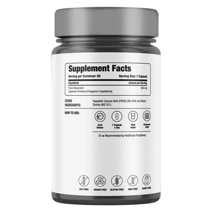 Trans Resveratrol | 250 – Japanese Knotweed Extract – Vegan, Gluten Free, Soy Free, Sugar Free, Gmo Free &amp; Dairy Free – Decode Age - 60 Veg Capsules