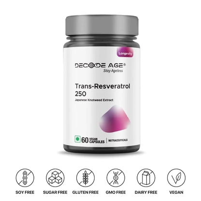 Trans Resveratrol | 250 – Japanese Knotweed Extract – Vegan, Gluten Free, Soy Free, Sugar Free, Gmo Free &amp; Dairy Free – Decode Age - 60 Veg Capsules