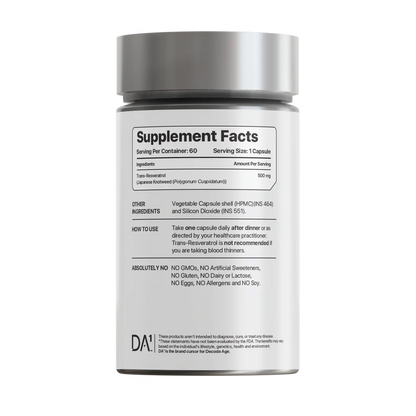 Trans Resveratrol | 500 - Japanese Knotweed Extract - Vegan, Gluten Free, Soy Free, Sugar Free, Gmo Free &amp; Dairy Free - Decode Age - 500mg - 60 Veg Capsules