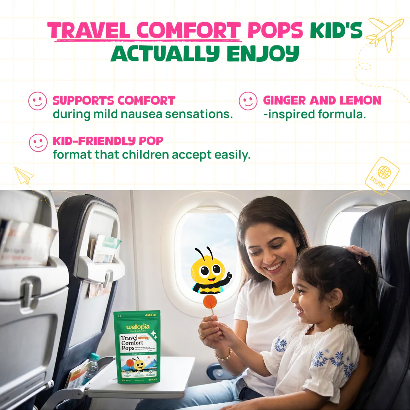Candy | Travel Comfort Pops (Ages 2+) - Natural Orange Flavour (Ginger, Lemon) -No Artificial Preservatives - No Artificial Colors- No Refined Sugar - Wellopia - 10 Wrapped Pops -60 gm