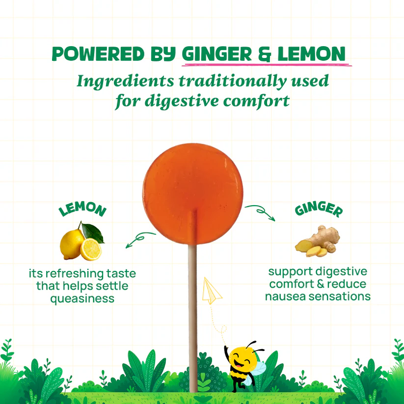 Candy | Travel Comfort Pops (Ages 2+) - Natural Orange Flavour (Ginger, Lemon) -No Artificial Preservatives - No Artificial Colors- No Refined Sugar - Wellopia - 10 Wrapped Pops -60 gm