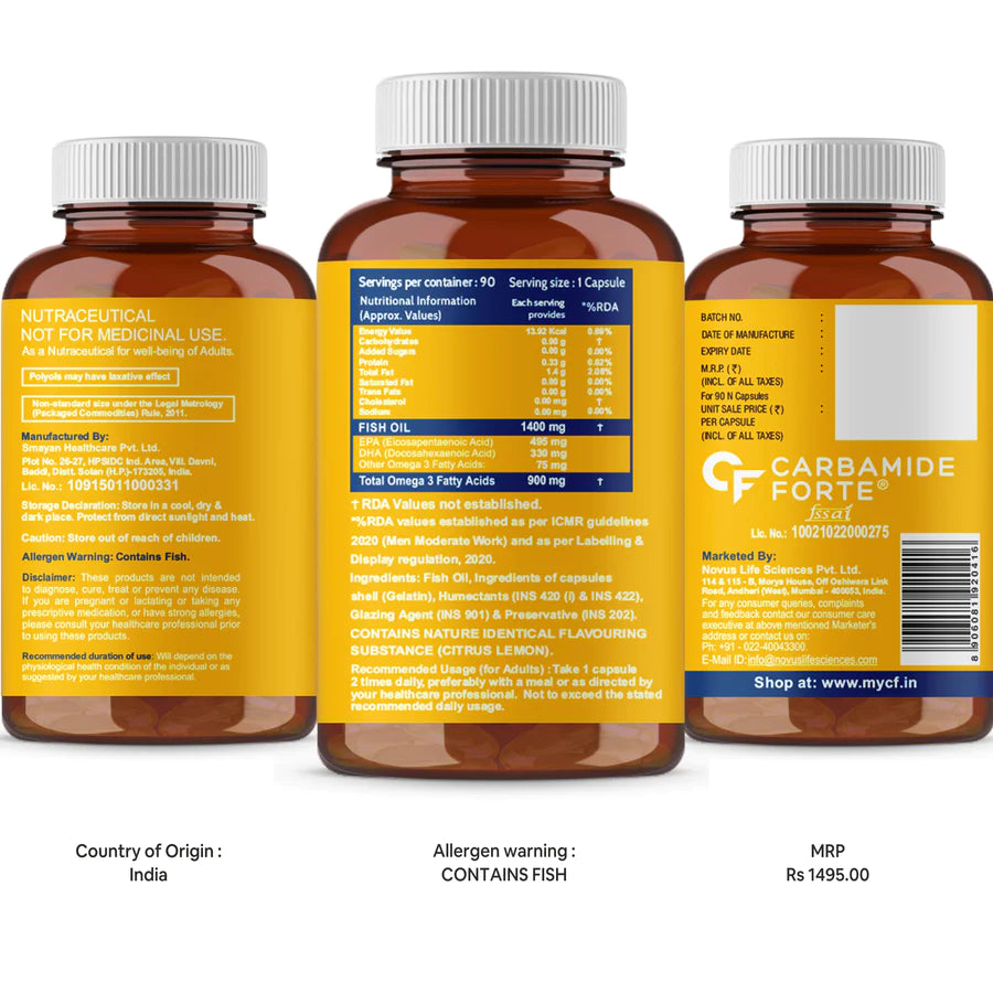 Fish Oil Capsule | Triple Strength Fish Oil - Omega 3900mg - Supports Heart, Joints &amp;amp; Skin – Mercury Free – Carbamide Forte – 1400mg – 90 Capsules