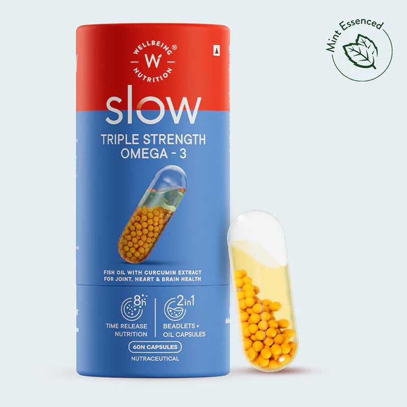 Triple Strength Omega 3 | (Fish Oil With Curcumin Extract For Joint, Heart & Brain Health) - Slow - Wheat Free & No GMO - Wellbeing Nutrition - 60 Capsules