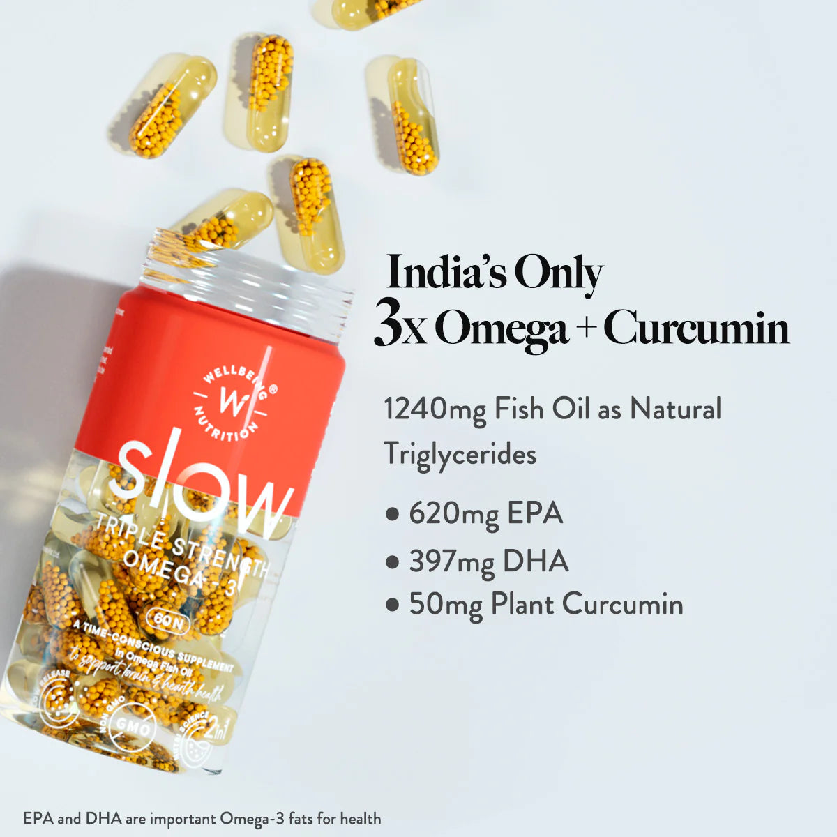 Triple Strength Omega 3 | (Fish Oil With Curcumin Extract For Joint, Heart &amp;amp; Brain Health) - Slow - Wheat Free &amp;amp; No GMO - Wellbeing Nutrition - 60 Capsules