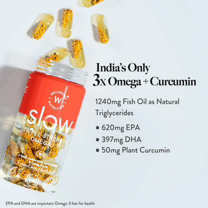 Triple Strength Omega 3 | (Fish Oil With Curcumin Extract For Joint, Heart &amp;amp; Brain Health) - Slow - Wheat Free &amp;amp; No GMO - Wellbeing Nutrition - 60 Capsules